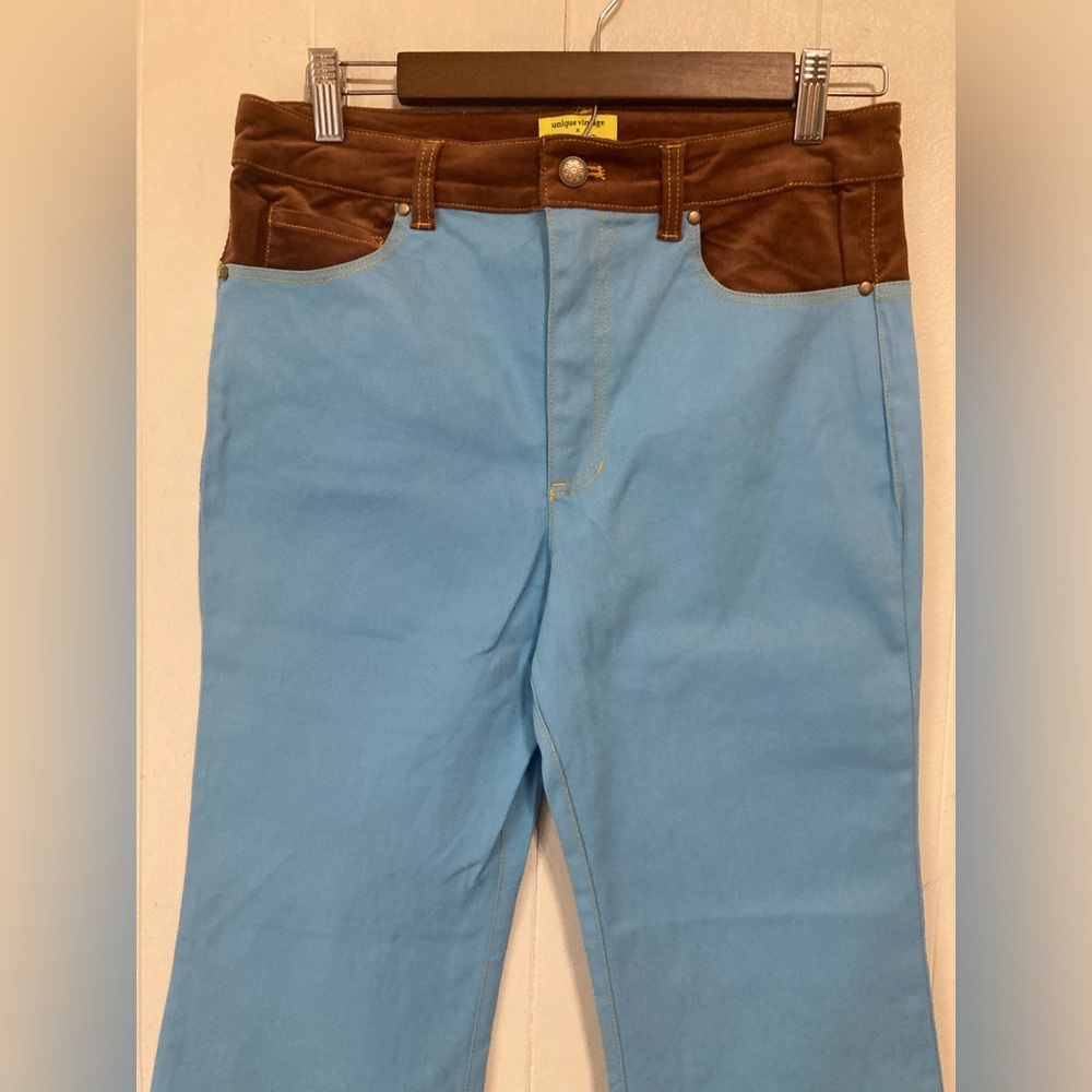 Unique Vintage X Smiley Cotton Blue & Brown Embroidered Flare Pants Large - Picture 5 of 14
